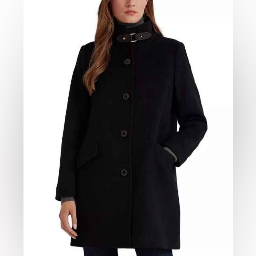 Lauren Ralph Lauren Wool Blend Black Coat Buckle Neck Button Front Size 6